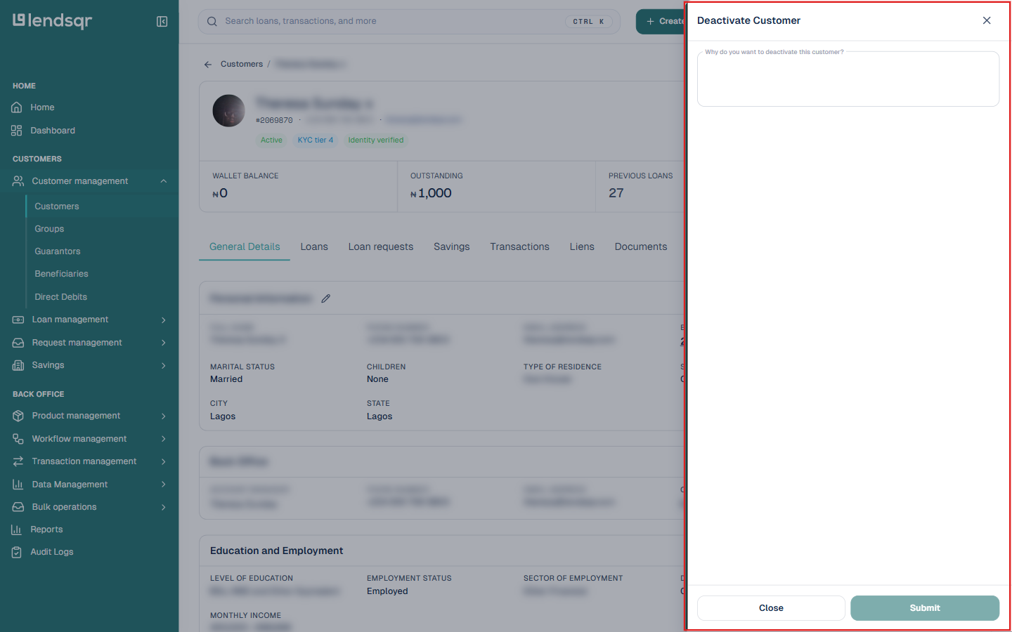 Deactivate Customer panel asking for a reason, with Close and Submit buttons