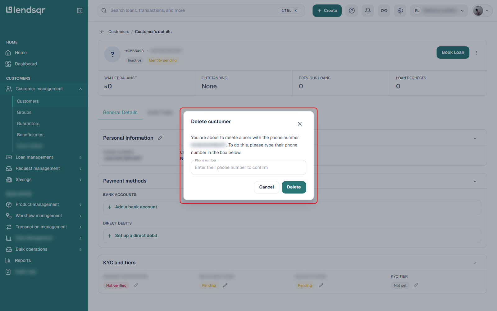 Delete customer confirmation dialog, warning which phone number is about to be deleted and asking for it to be typed in to confirm