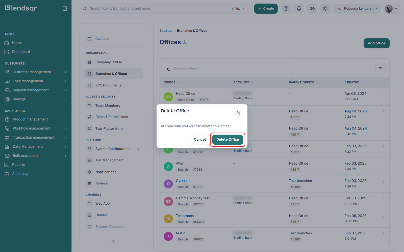 Lendsqr admin console Delete Office confirmation dialog with the Delete Office button highlighted