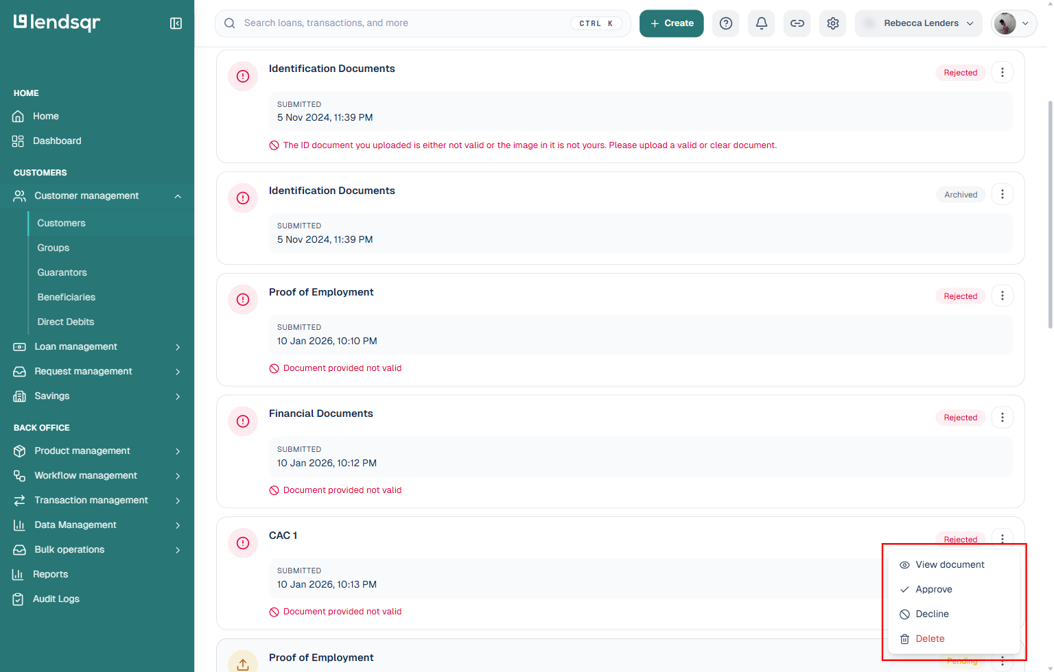 Document actions menu open on a pending document, showing View document, Approve, Decline, and Delete options