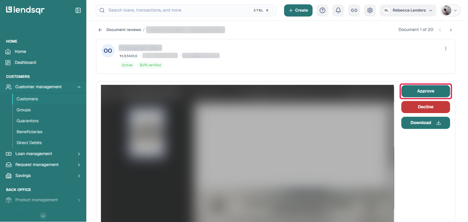 Document review detail page with the document preview, and Approve, Decline, and Download buttons, along with a Compliance review section showing Validity and Approval status