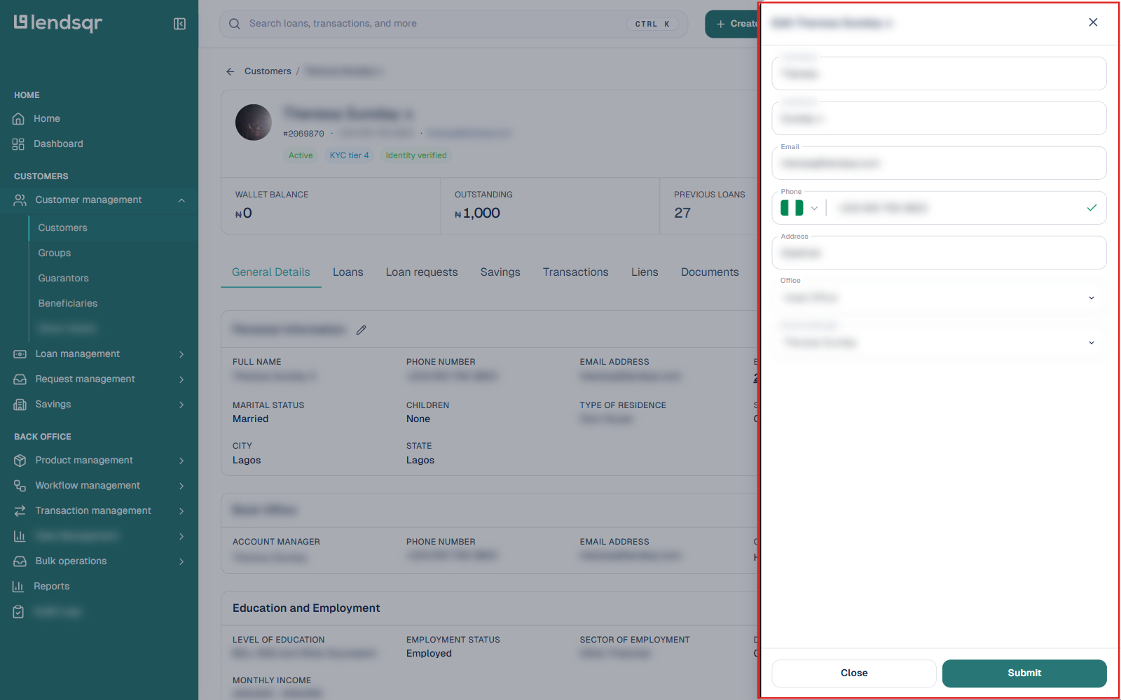 Edit customer details form with First Name, Last Name, Email, Phone, Address, Office, and Account Manager fields, and Close and Submit buttons