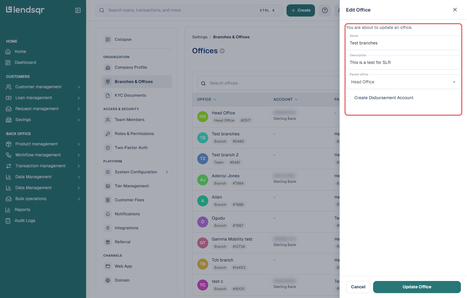 Lendsqr admin console Edit Office panel with the Name, Description, Parent office, and Create Disbursement Account fields highlighted