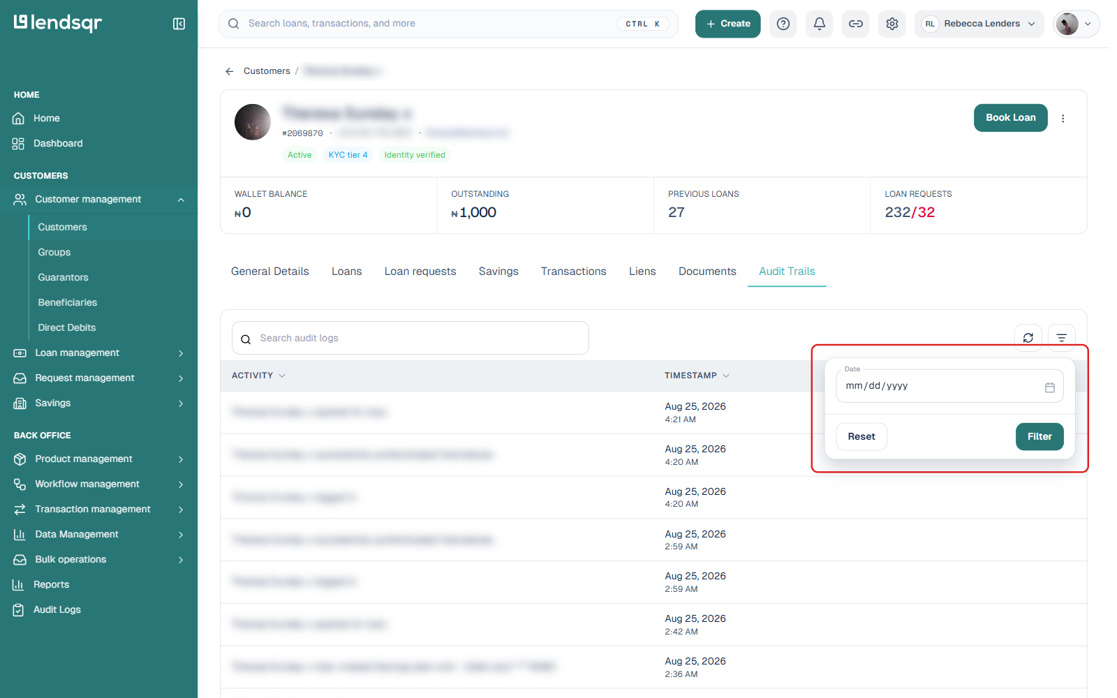 Audit log filter panel with a single Date field, plus Reset and Filter buttons