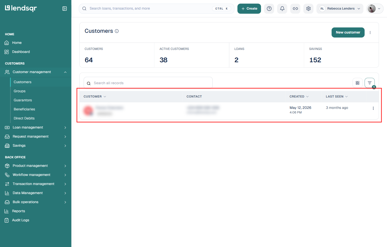 Customer table filtered down to a single matching row, with a badge on the filter icon indicating one active filter