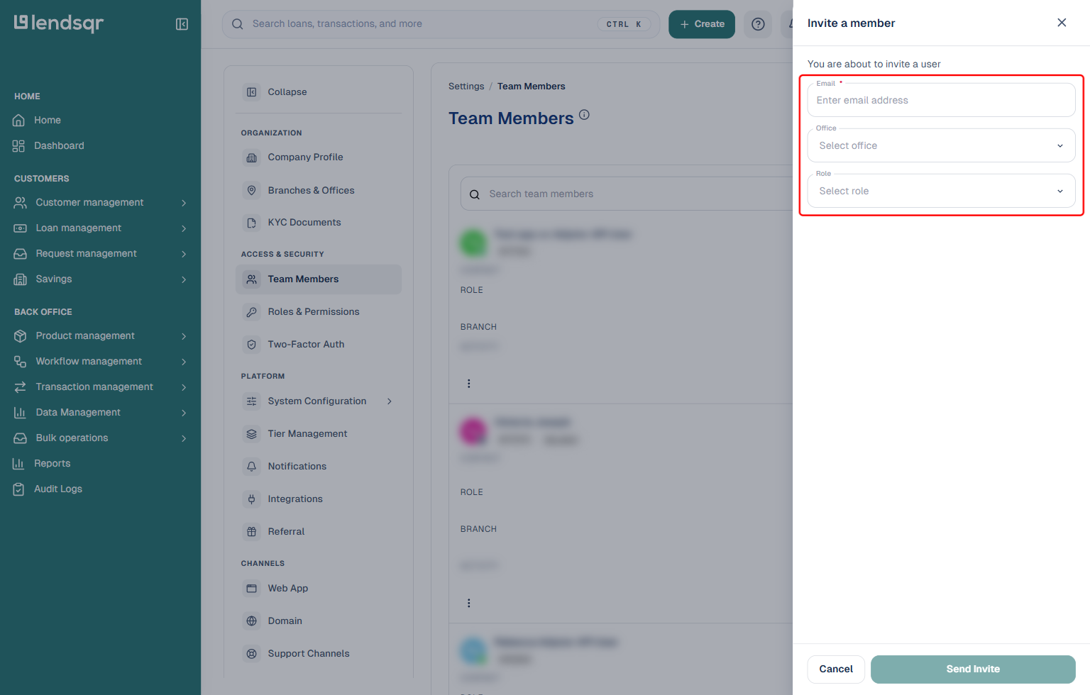 Lendsqr admin console Invite a member panel with Email, Office, and Role fields highlighted