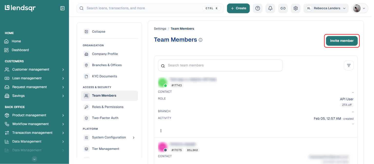 Lendsqr admin console Team Members page with the Invite member button highlighted