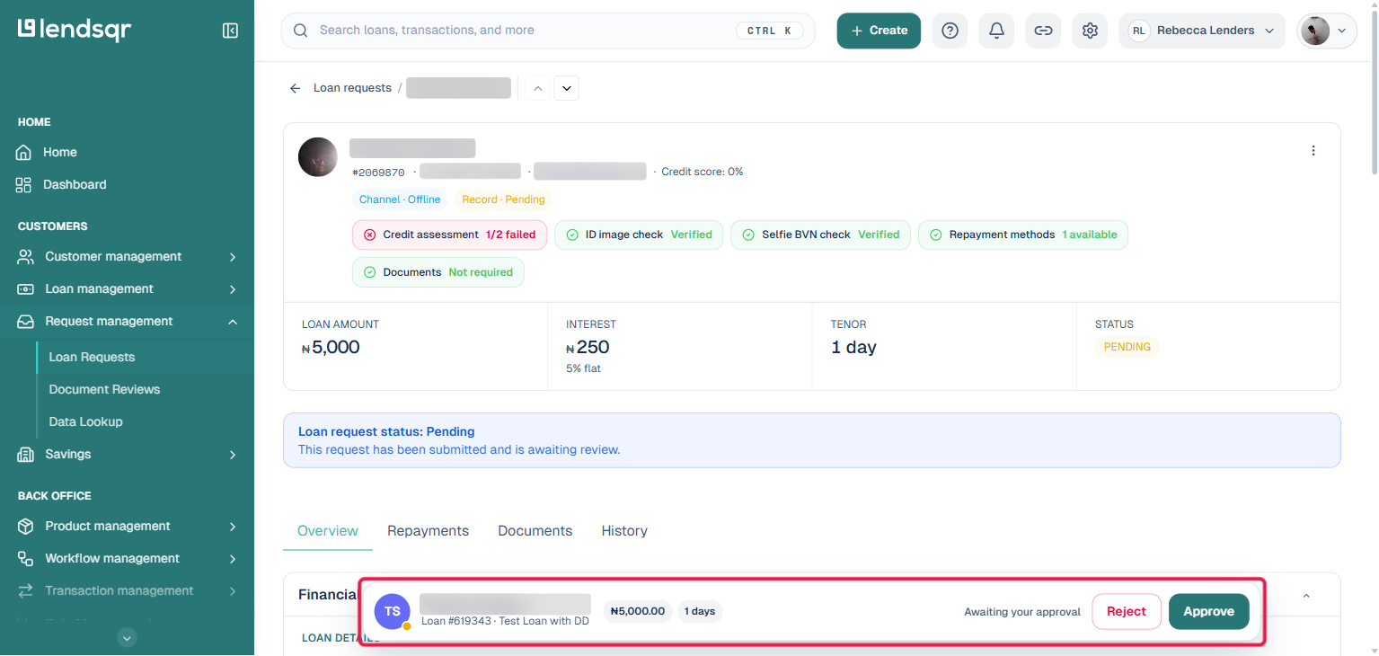 Loan request detail page showing the borrower summary, credit assessment checklist, loan amount card, and a sticky bottom bar with Reject and Approve buttons