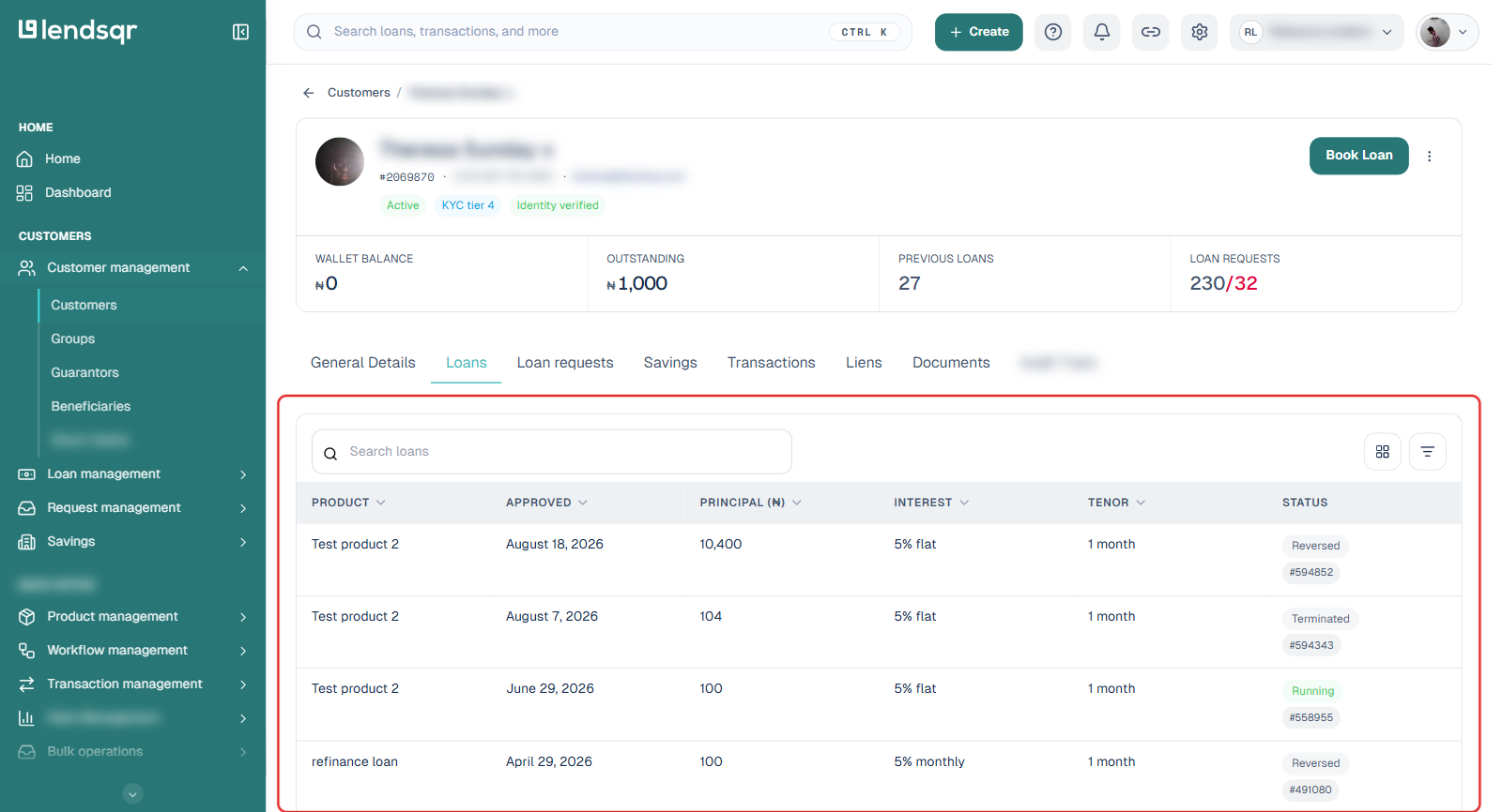 Loans tab on a customer profile showing a table of loans with product, approval date, principal, interest, tenor, and status
