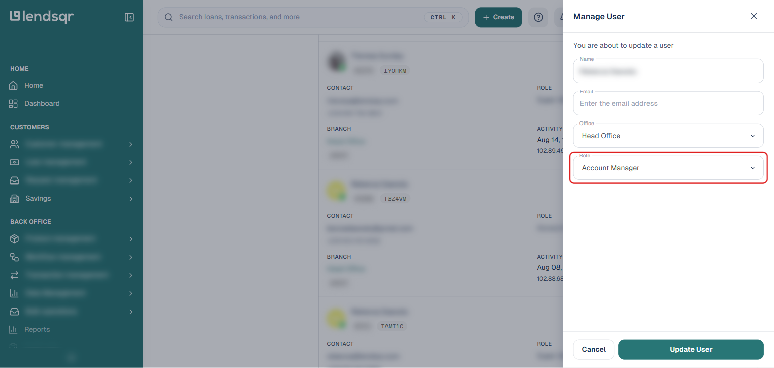 Lendsqr admin console Manage User panel with the Role field set to Account Manager highlighted