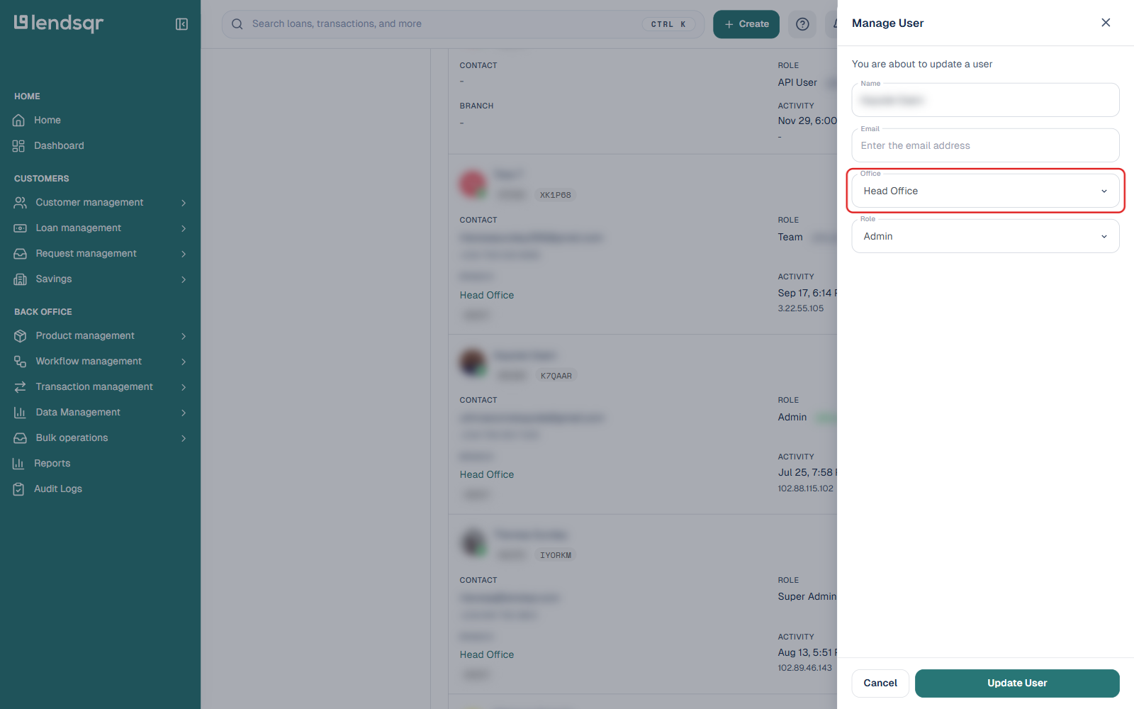 Lendsqr admin console Manage User panel with the Office field highlighted