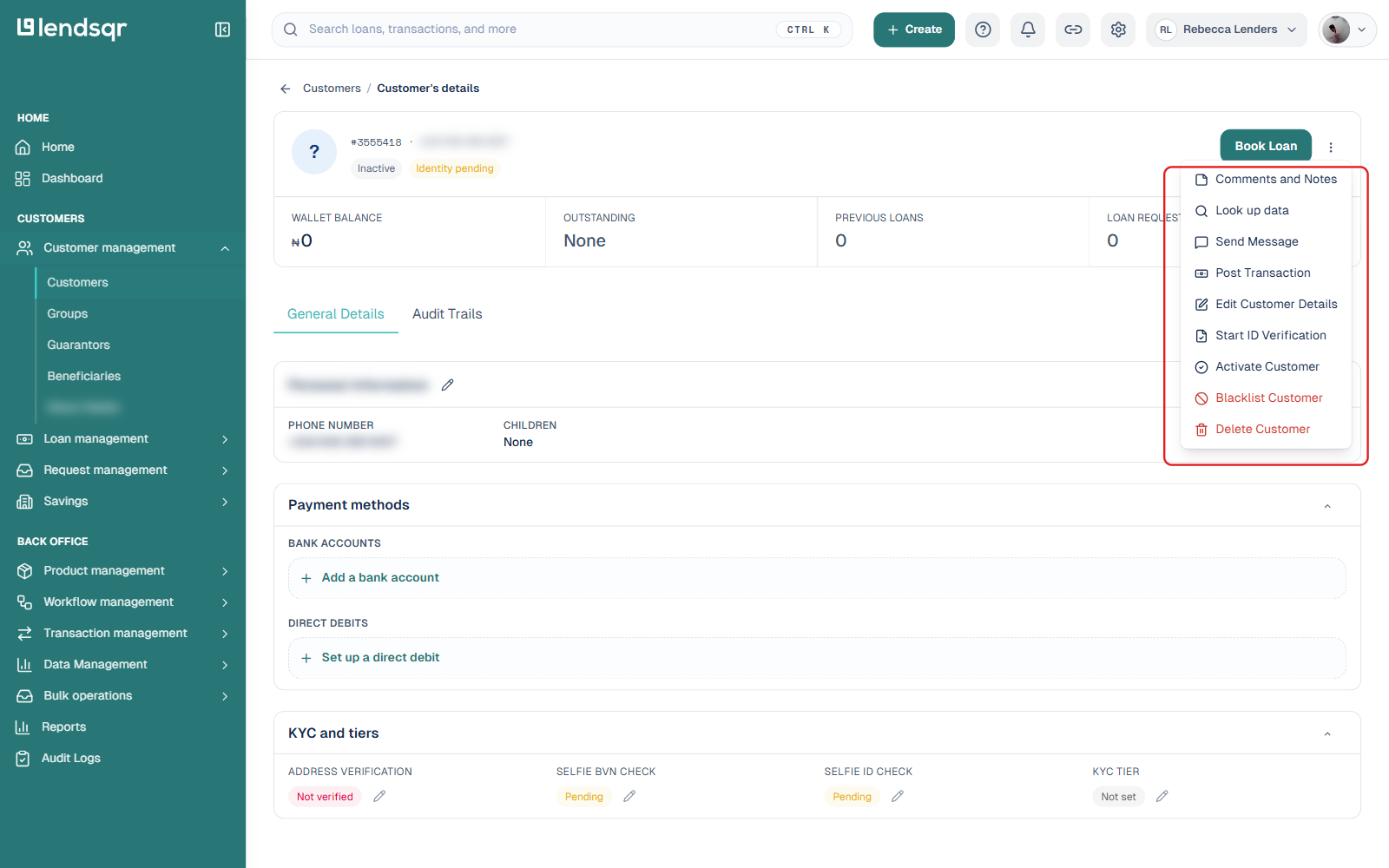 More actions menu open on an inactive customer's profile, showing Activate Customer alongside Blacklist Customer and Delete Customer