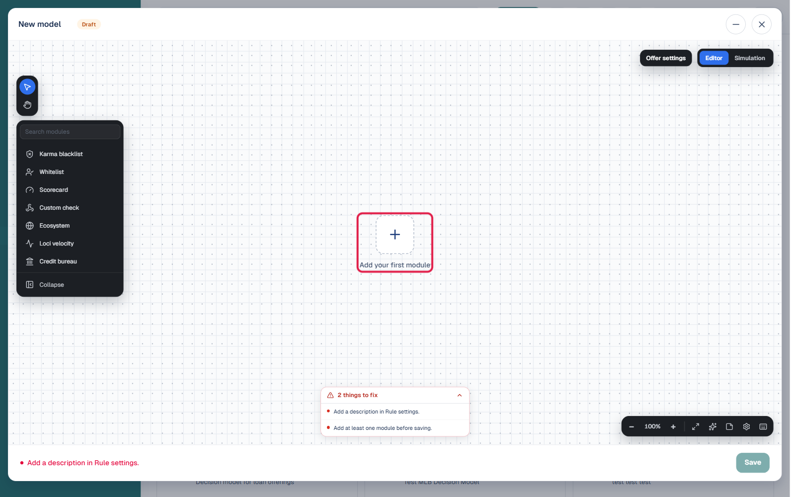 New model visual rule builder showing an empty canvas with Add your first module, a module rail, and Offer settings / Editor / Simulation controls