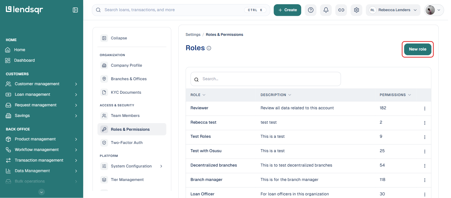 Lendsqr admin console Roles and Permissions page with the New role button highlighted