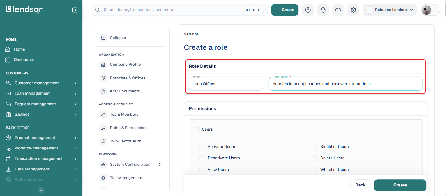 Lendsqr admin console Create a role form with the Name and Description fields filled in