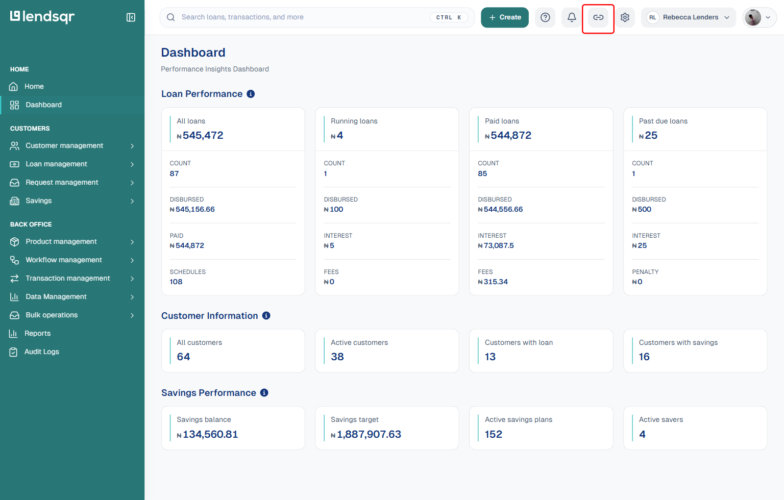 Lendsqr admin console top navigation bar with the Open web app link icon highlighted