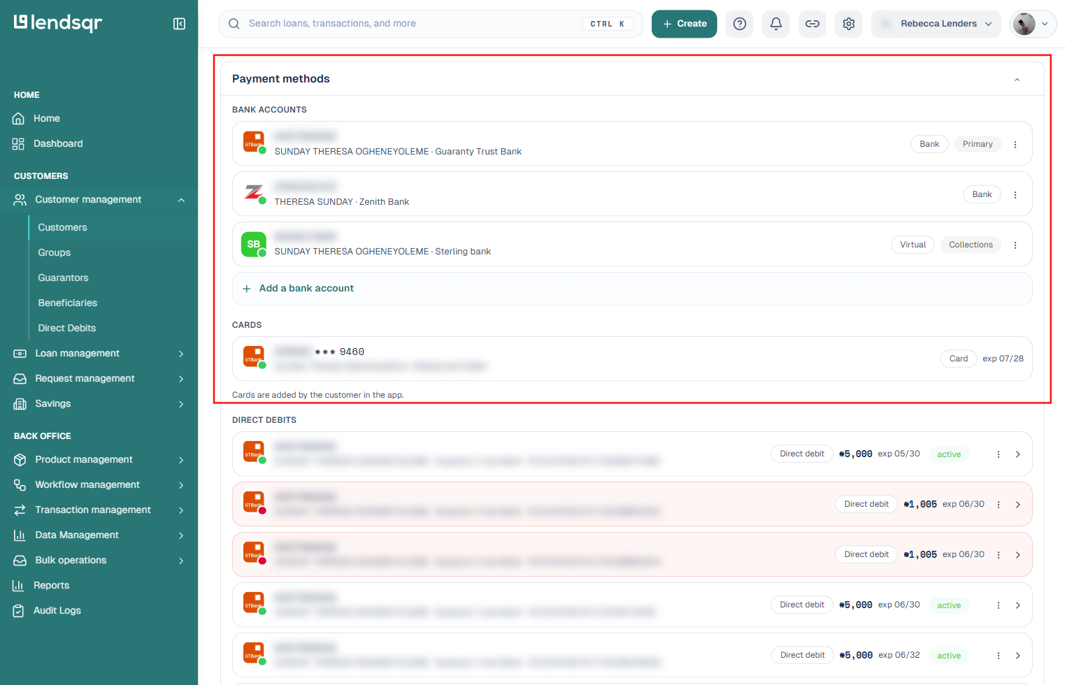 Payment methods section inside General Details showing linked bank accounts, cards, and direct debit mandates