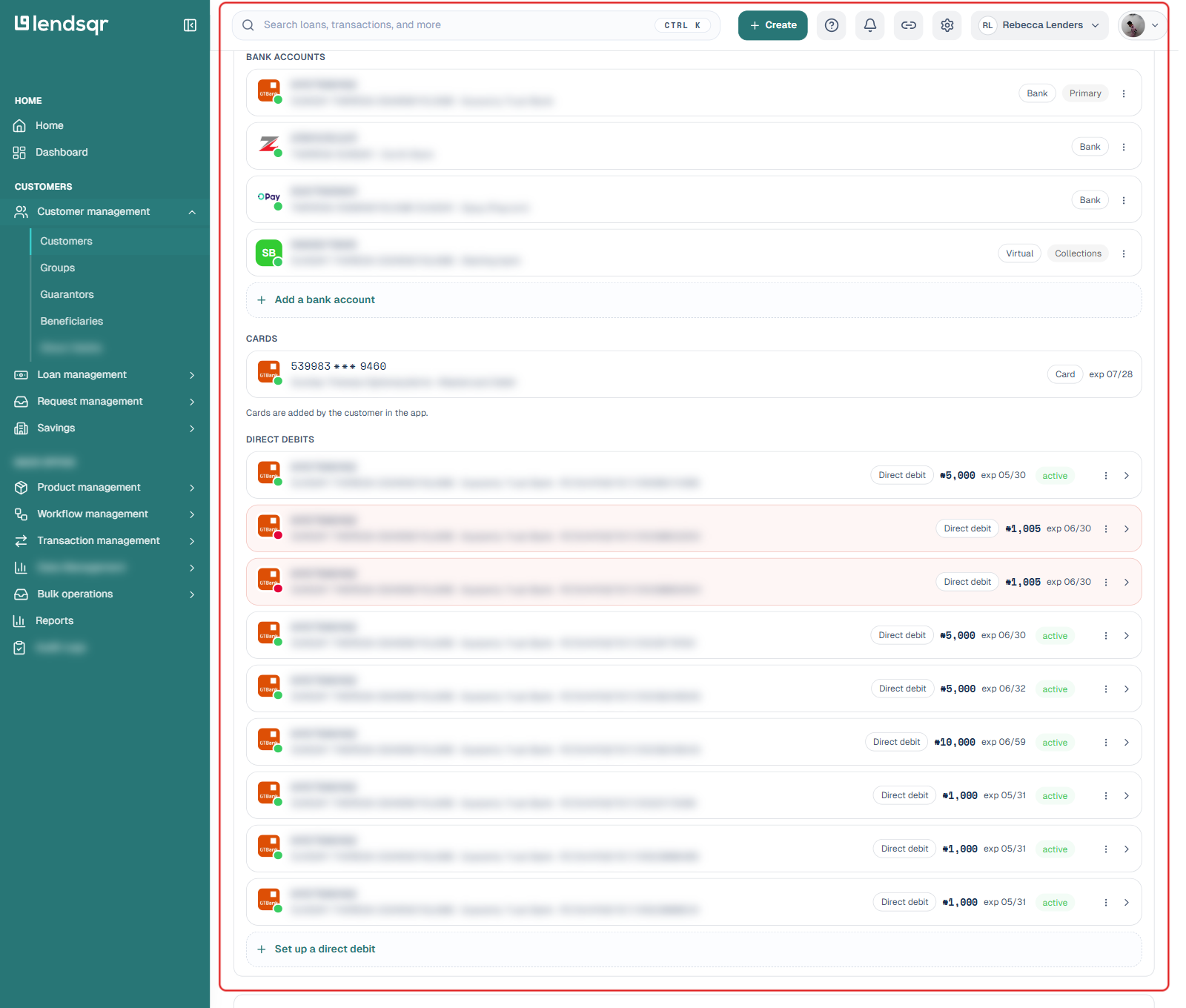 Payment methods section showing a linked bank account, a debit card, and a list of direct debit mandates