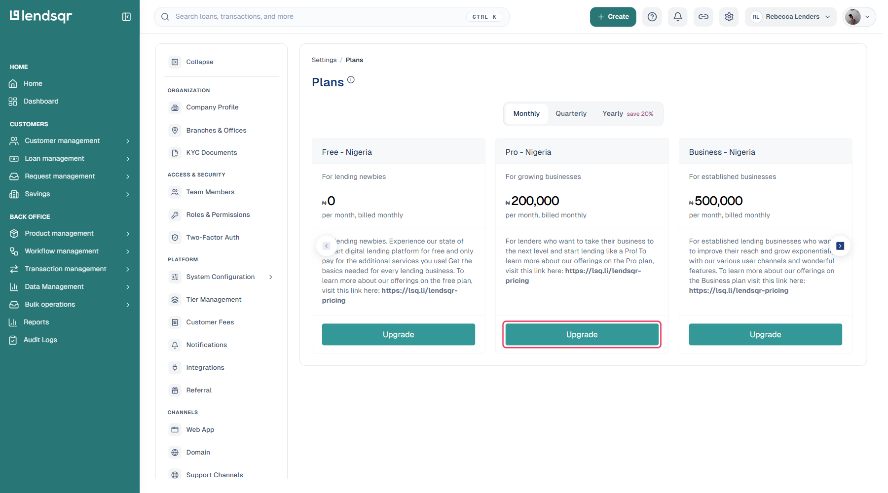Settings Plans page showing Free, Pro, and Business Nigeria tiers with pricing, the Pro plan's Upgrade button highlighted