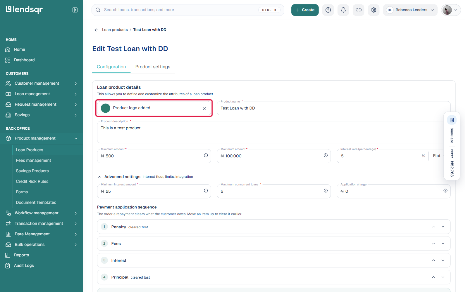 Loan product edit page showing Product logo added confirmation with thumbnail preview
