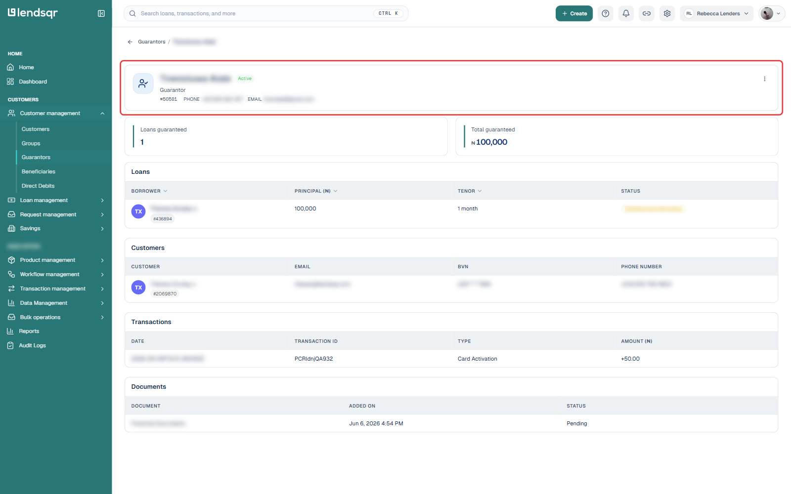 Guarantor profile header showing name, status, ID, phone, email, Loans guaranteed and Total guaranteed summary figures