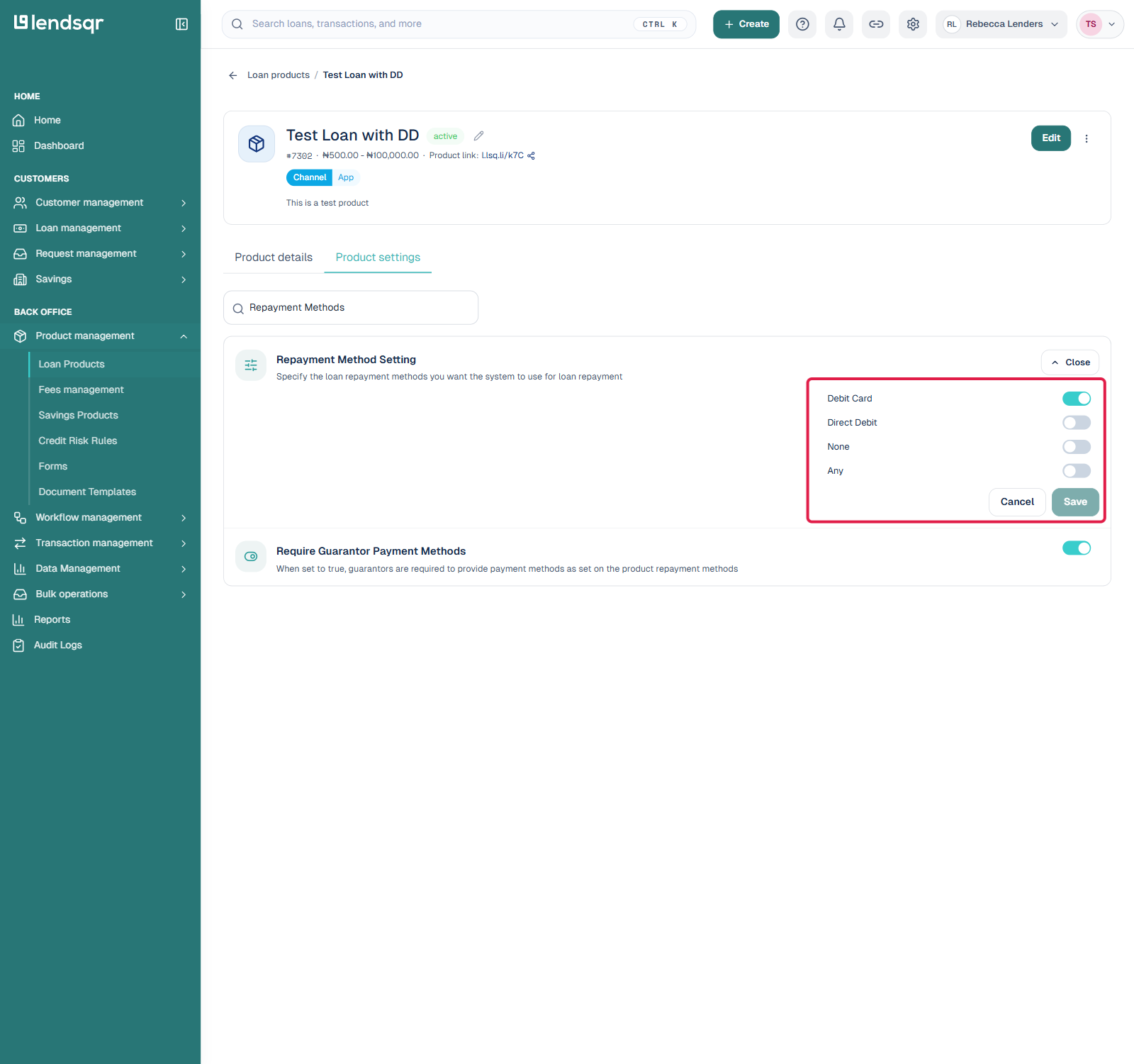 Product settings filtered to Repayment Methods, with Debit Card and Direct Debit toggles highlighted