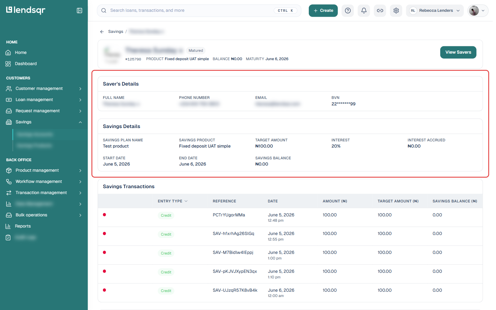 Saver's Details and Savings Details sections for a savings plan