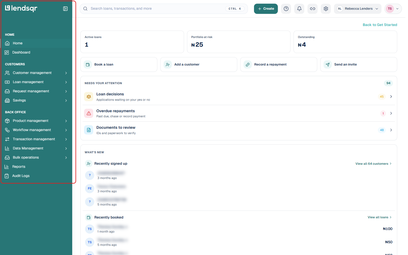 Lendsqr admin console side navigation pane divided into Customers and Back Office sections