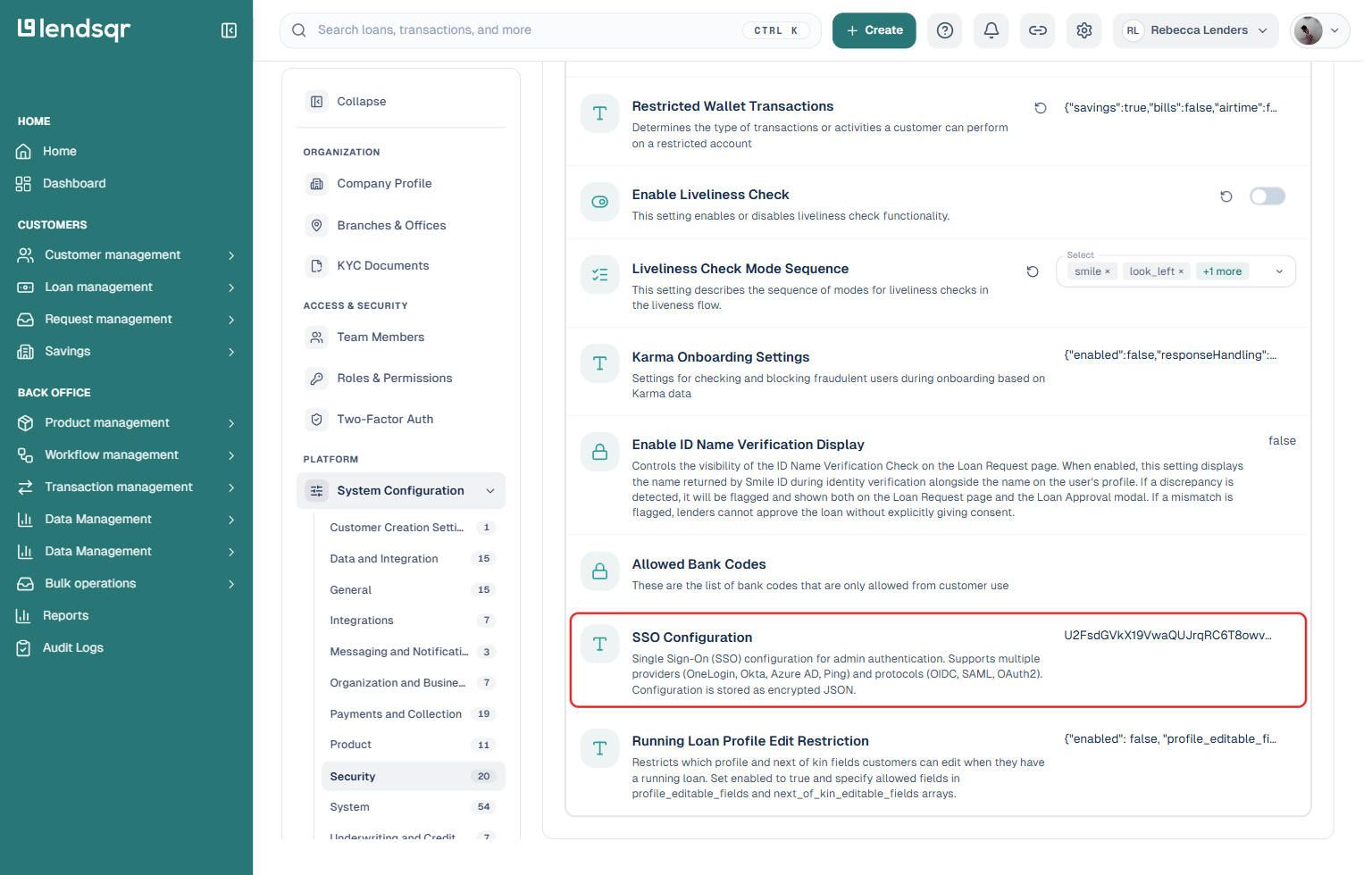 Lendsqr admin console Security settings page with the SSO Configuration row highlighted