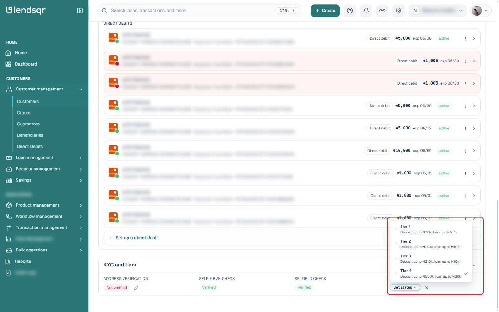 KYC tier dropdown open in the KYC and tiers section, listing Tier 1 through Tier 4 with their deposit and loan limits