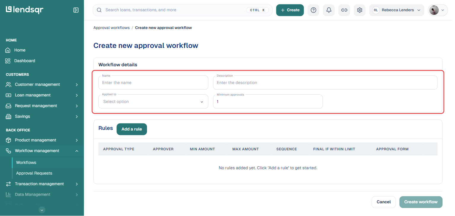 Lendsqr admin console Workflow details card with the Name, Description, Applied to, and Minimum approvals fields highlighted