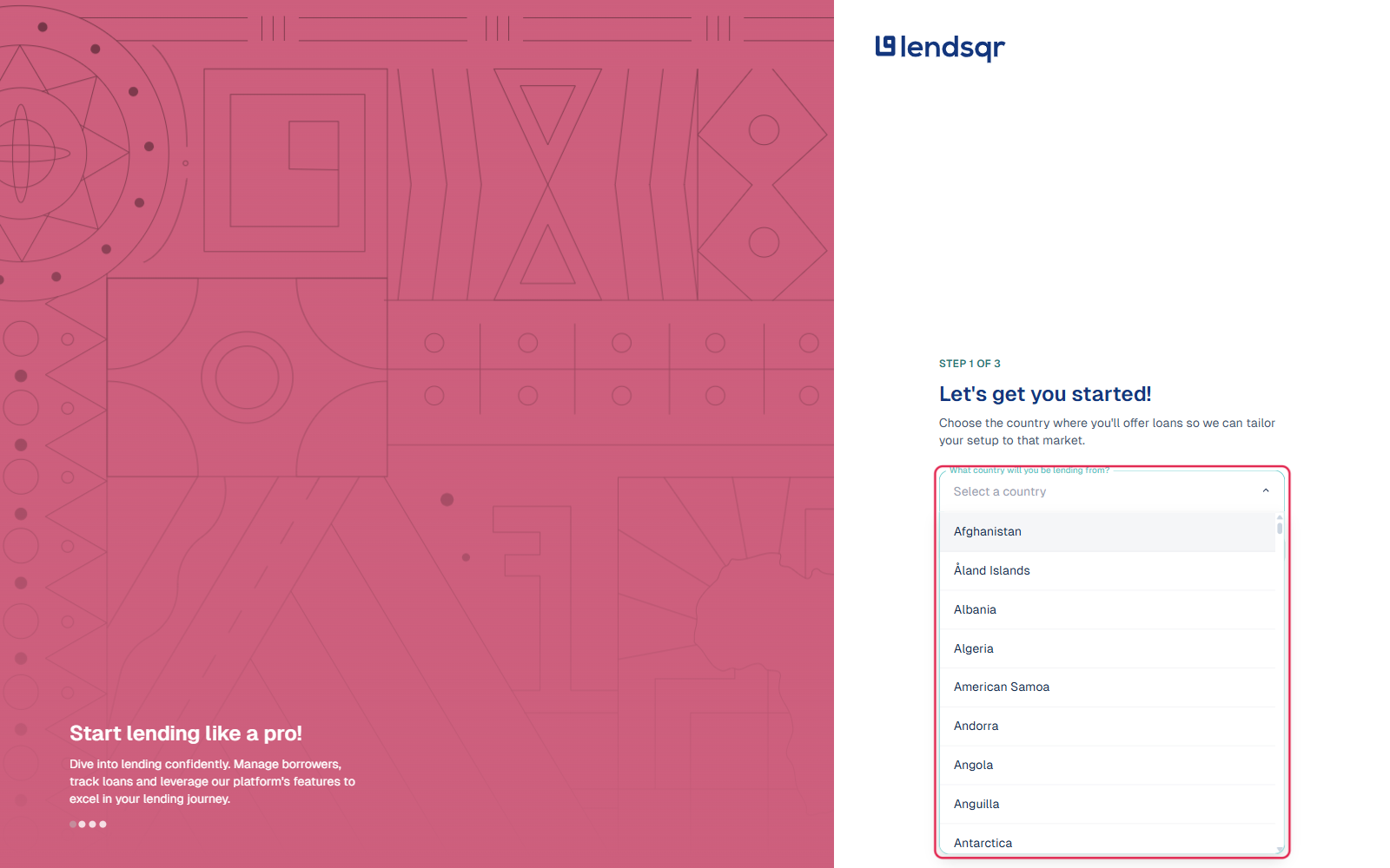 Country dropdown open on the Lendsqr sign-up wizard, selecting the country you will be lending from