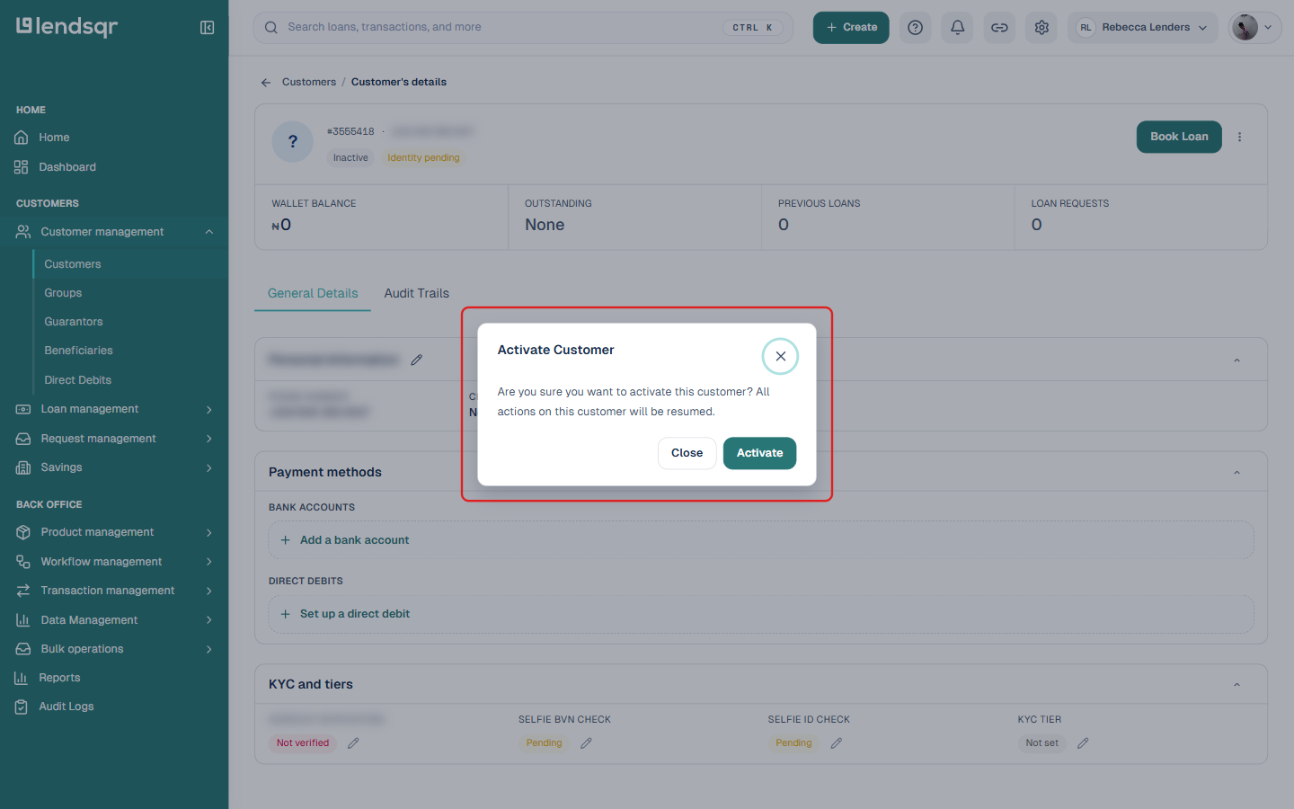 Activate Customer confirmation dialog