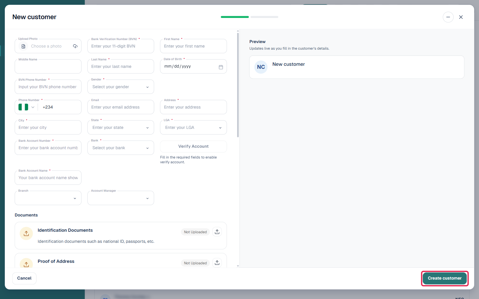 New customer modal opened via the Add a customer quick action on the Home dashboard, showing Customer Details, Contact Details, Bank Details, Back Office Details, and Documents sections with a live Preview panel, Create customer button highlighted