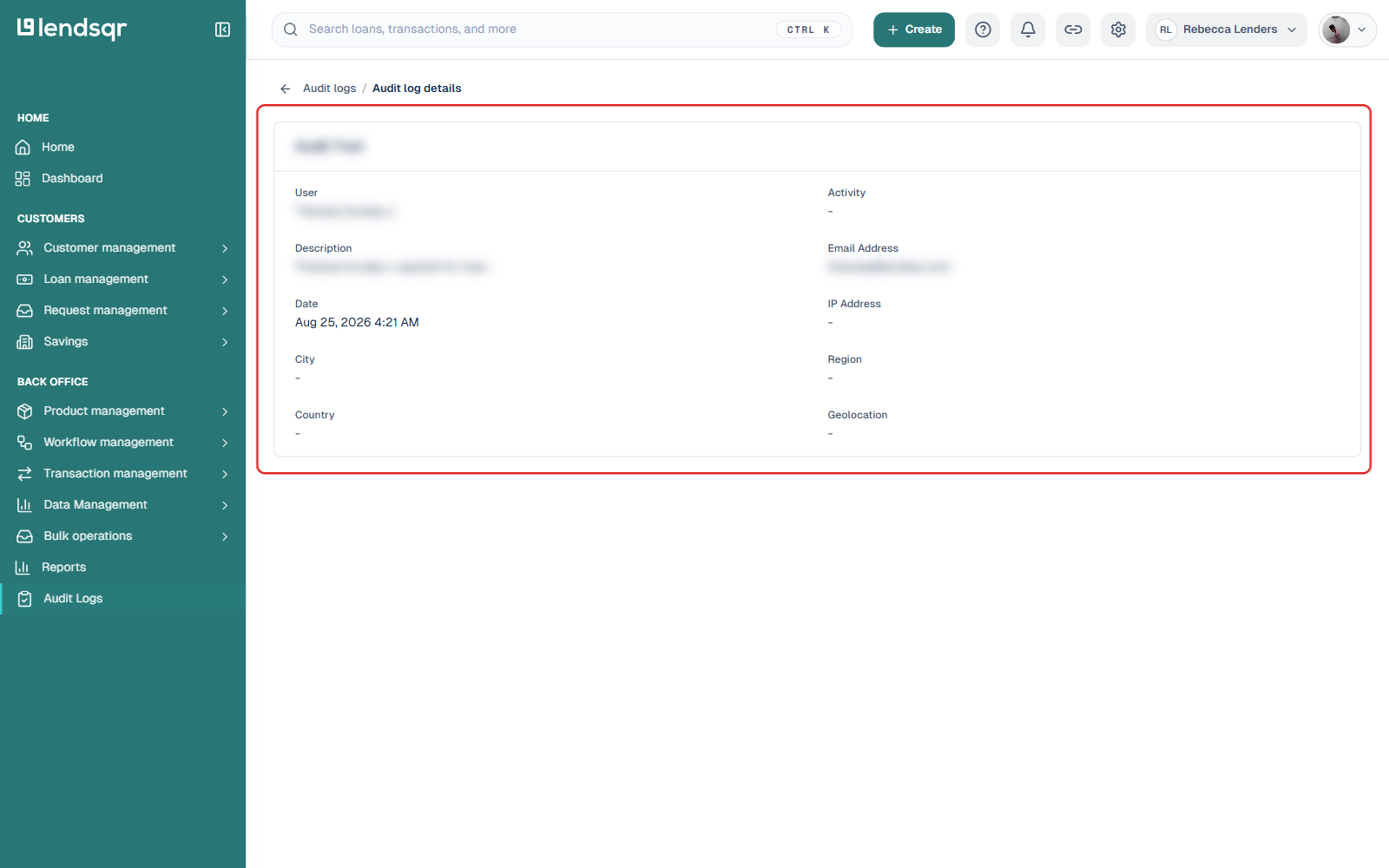 Audit trail detail page for a single log entry, showing User, Activity, Description, Email Address, Date, IP Address, City, Region, Country, and Geolocation