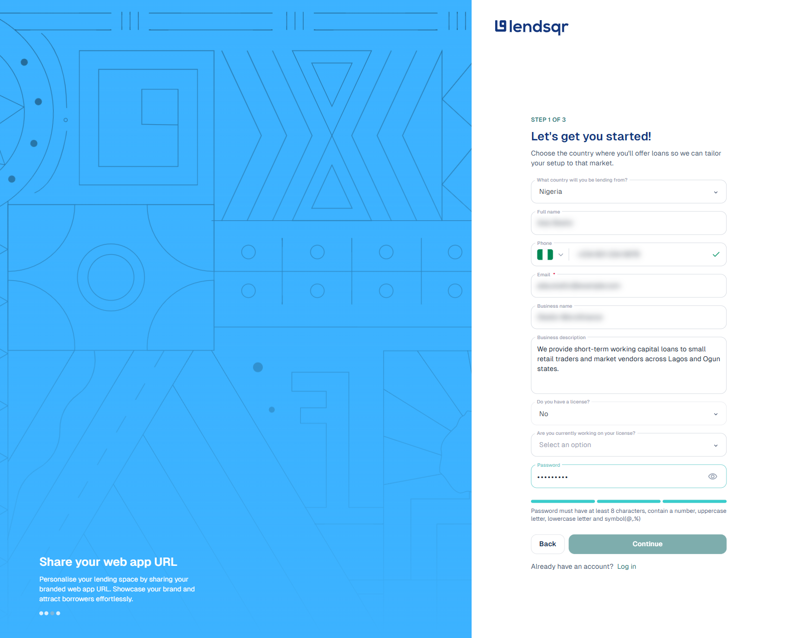 Sign-up form on the Lendsqr wizard with fields for full name, phone, email, business name, description, license status, and password, personal fields blurred