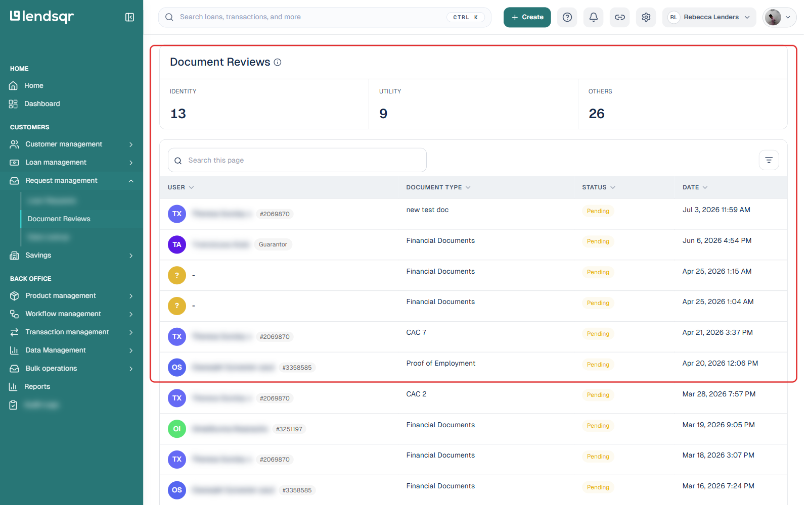 Document Reviews page under Request management showing Identity, Utility, and Others totals above a table of documents pending review across all customers and guarantors