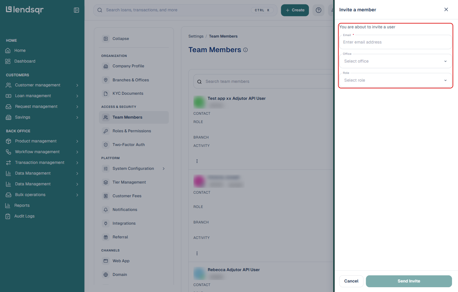 Lendsqr admin console Invite a member panel with the Email, Office, and Role fields highlighted