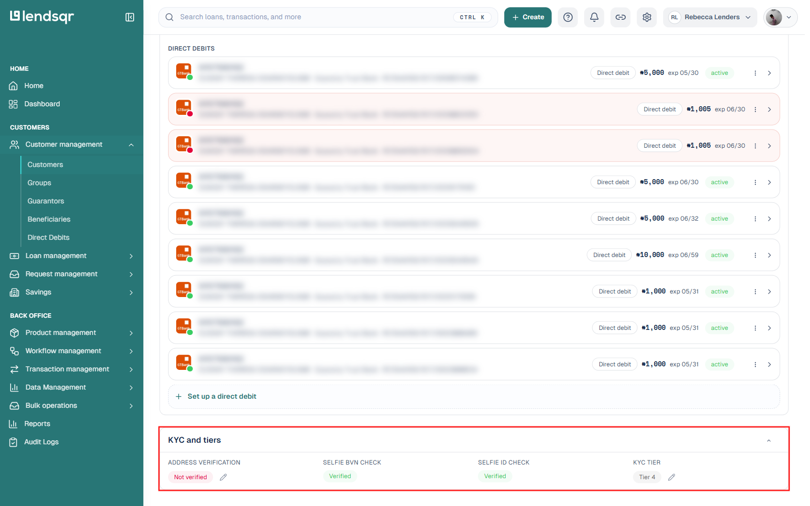 KYC and tiers section showing Address Verification, Selfie BVN Check, Selfie ID Check, and KYC Tier, each with an edit option