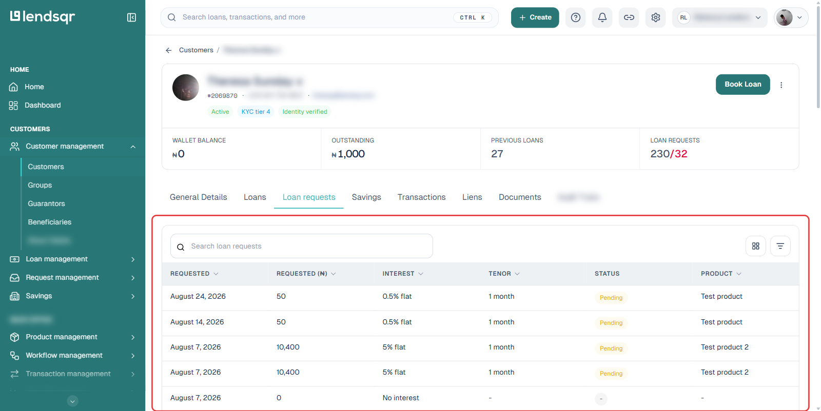 Loan requests tab for the customer