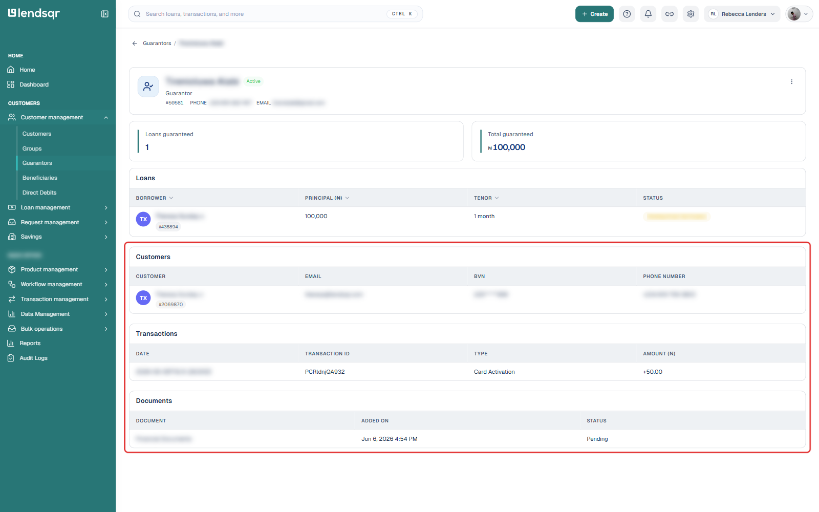 Customers, Transactions, and Documents sections of a guarantor's profile