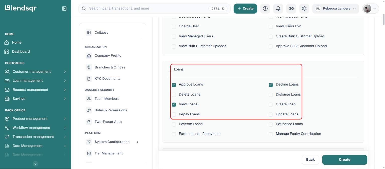 Lendsqr admin console permissions list with specific Loans permissions checked