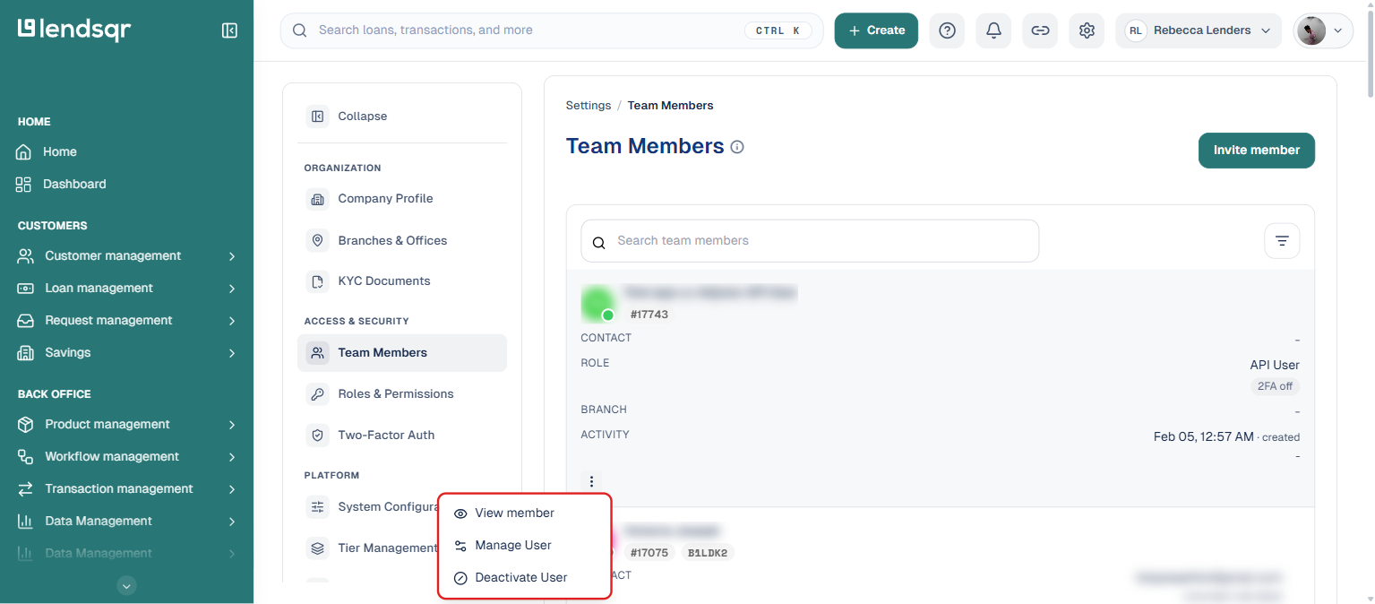 Lendsqr admin console Team Members page showing the row action menu with View member, Manage User, and Deactivate User options