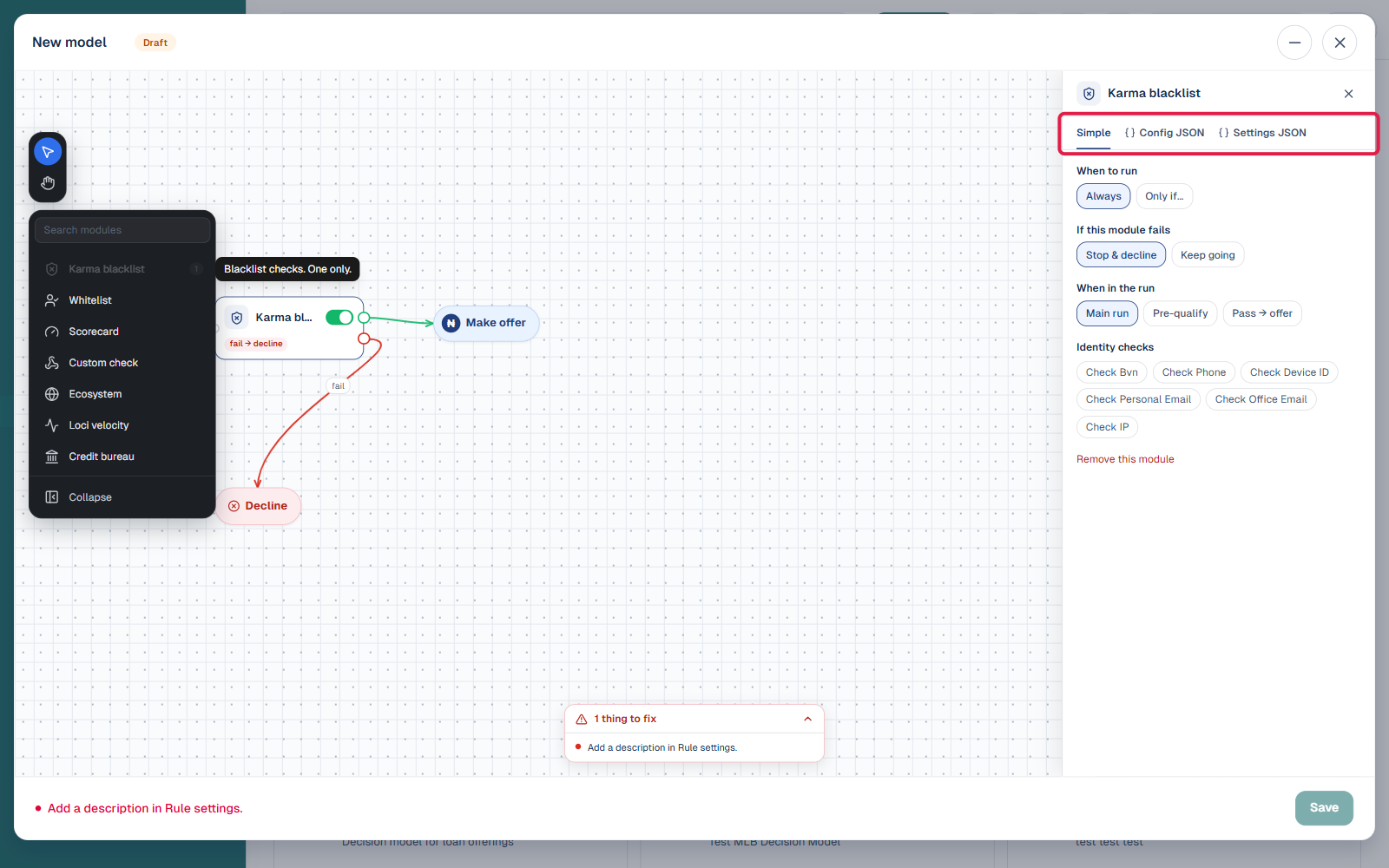 Karma blacklist module added to the rule canvas with fail and offer branches, and its configuration panel open showing Simple, Config JSON, and Settings JSON tabs