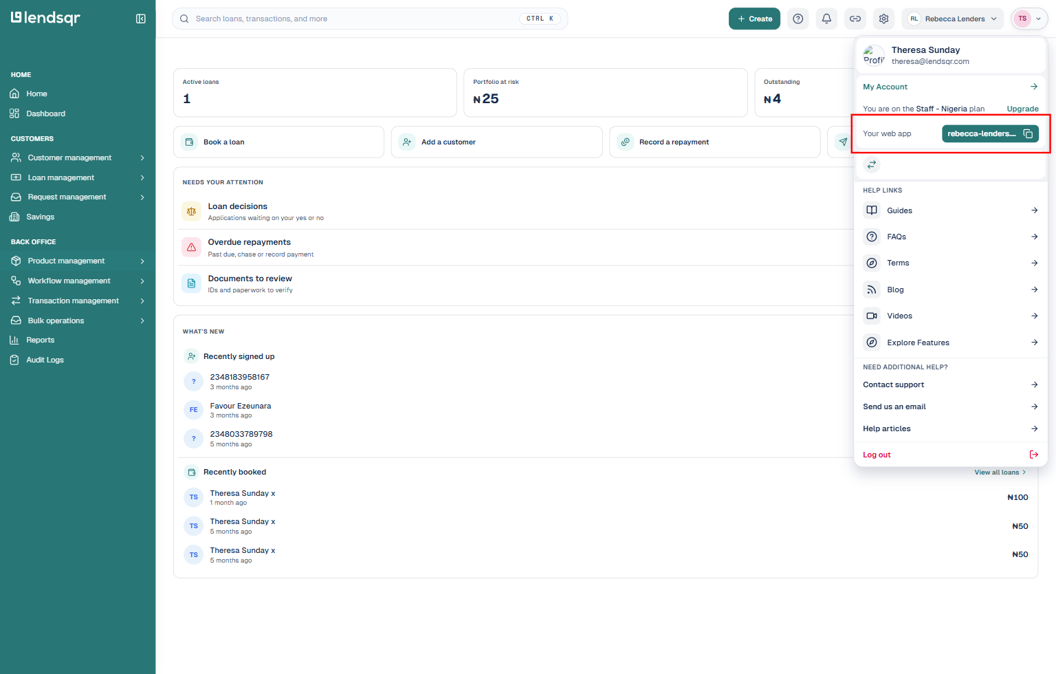 Lendsqr admin console account menu opened from the top-right profile picture, showing the Your web app row with a copy icon next to the domain
