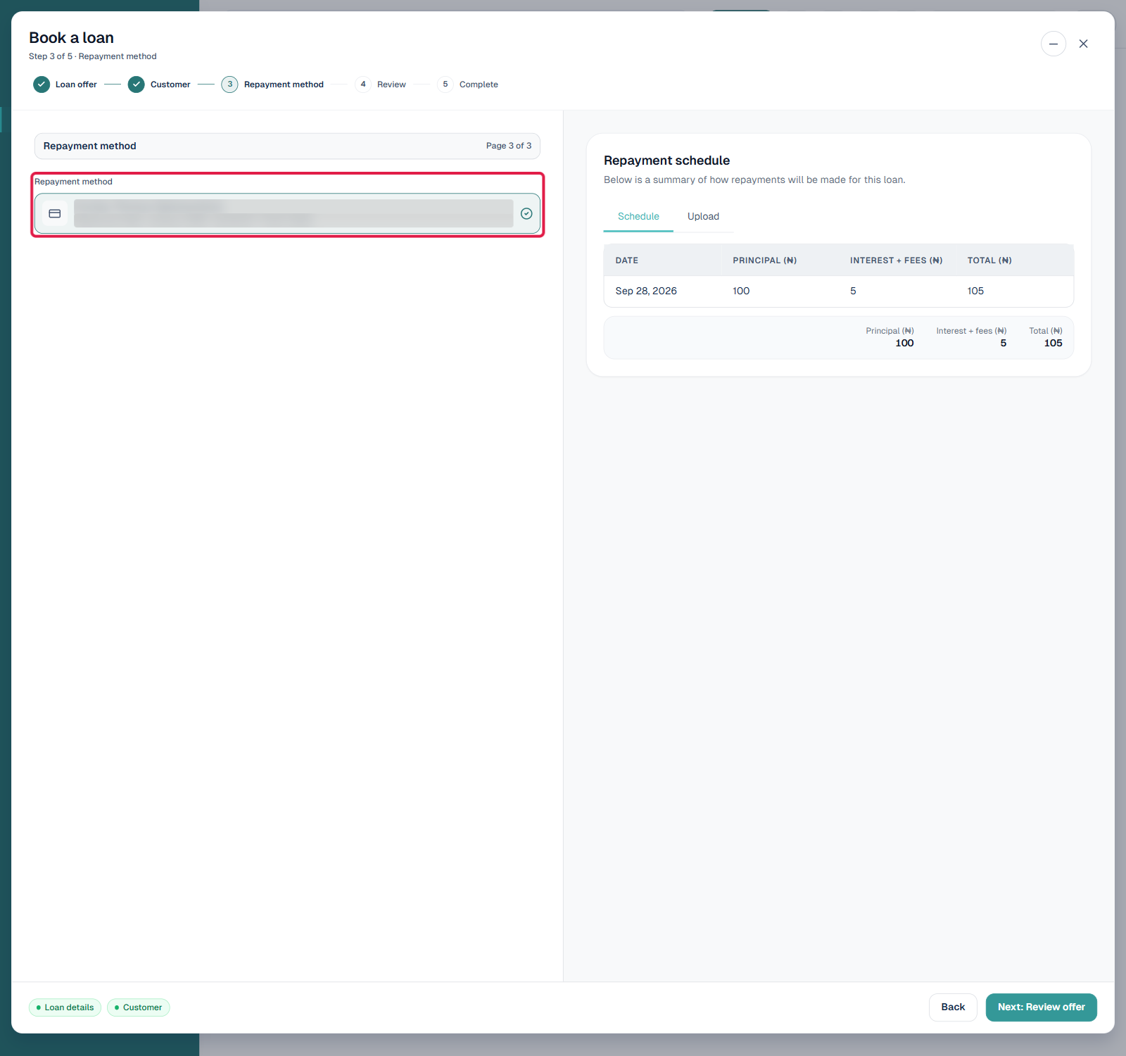 Book a loan wizard Repayment method step showing the customer's saved repayment method