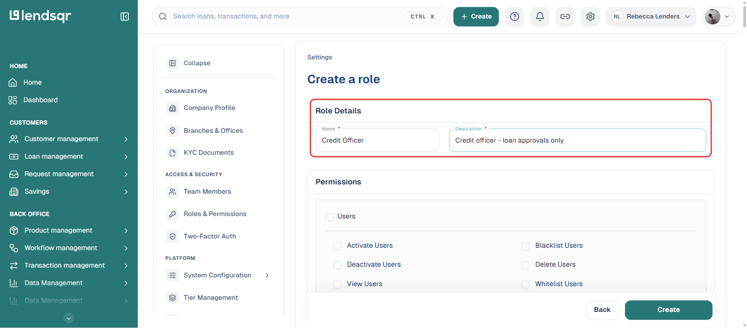 Lendsqr admin console Create a role form with the Name and Description fields highlighted, filled in with an example Credit Officer role