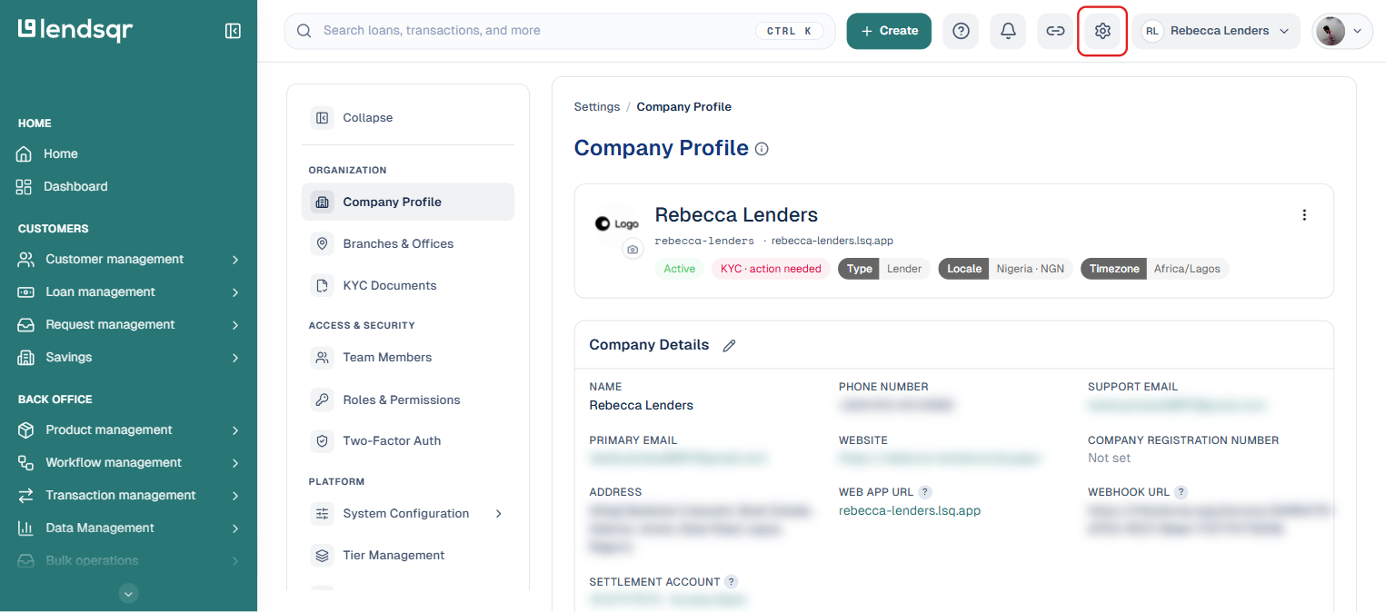 Lendsqr admin console top navigation with the Settings gear icon highlighted, and the Company Profile settings page showing Organization, Access and Security, and Platform sections with sensitive fields blurred