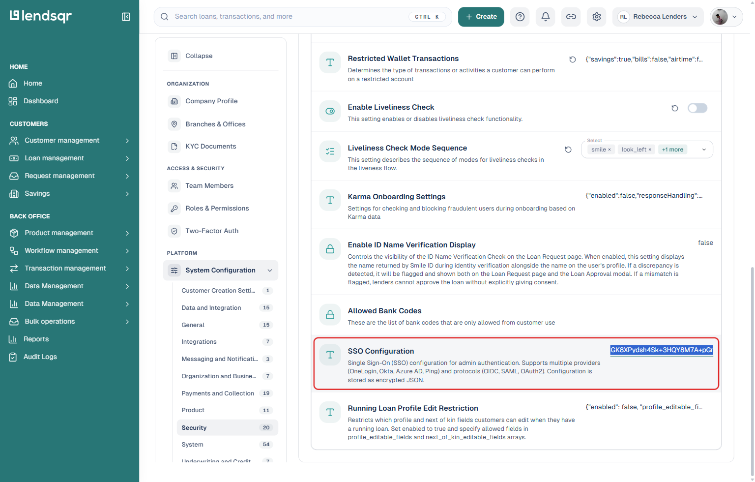 Lendsqr admin console SSO Configuration field switched into an editable inline text box