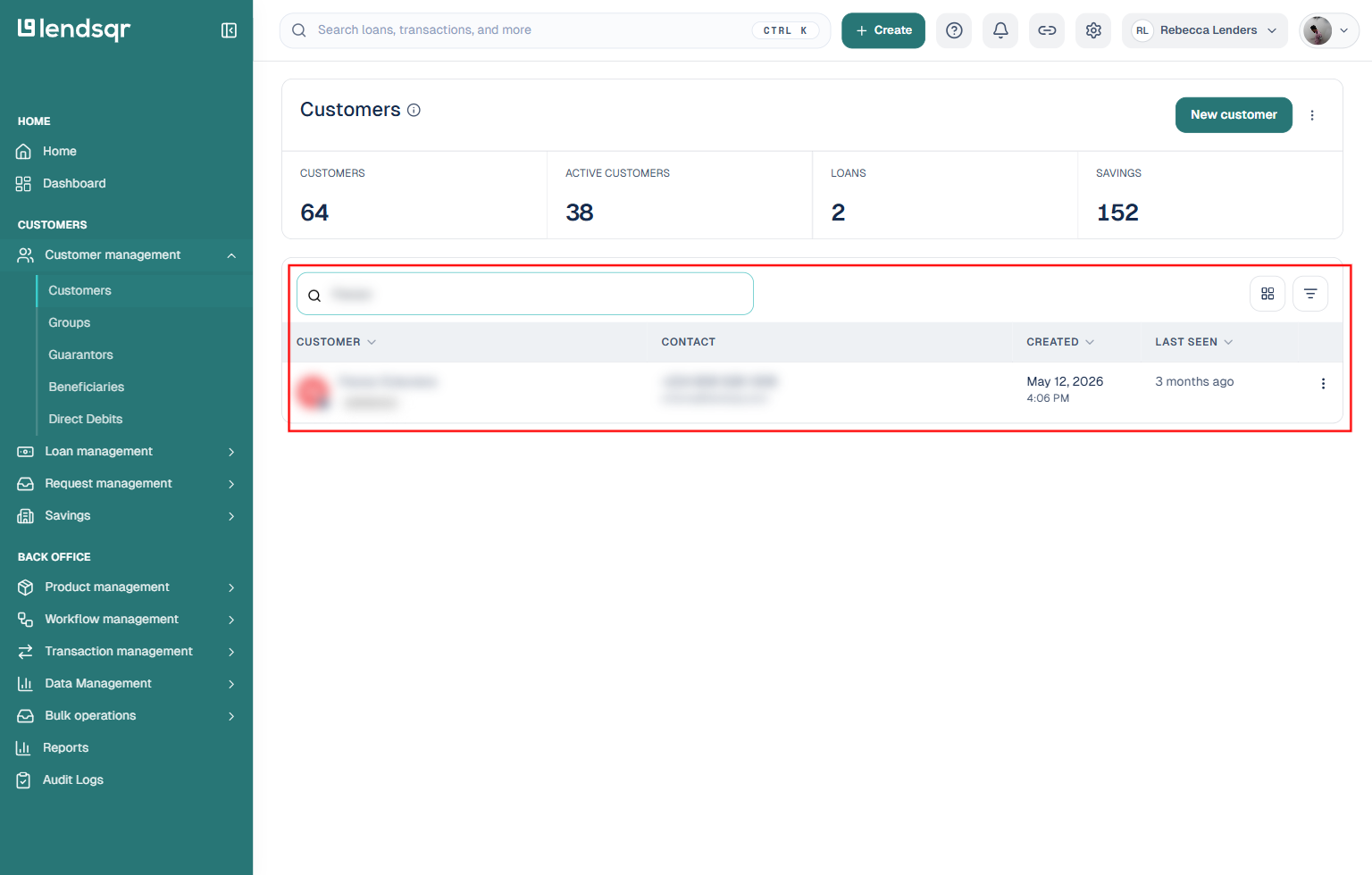 Search all records box above the customer table narrowing results to a single matching customer